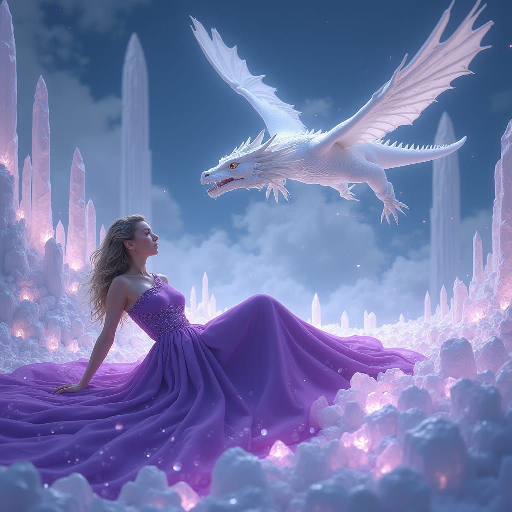 Woman and Dragon in Crystalline Dreamscape