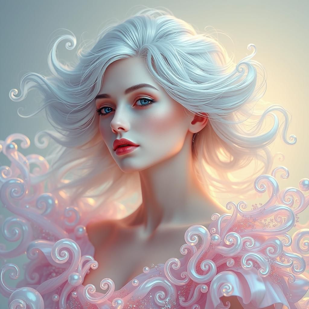 Luminous Woman Rising from Bubbles in Art Nouveau Style