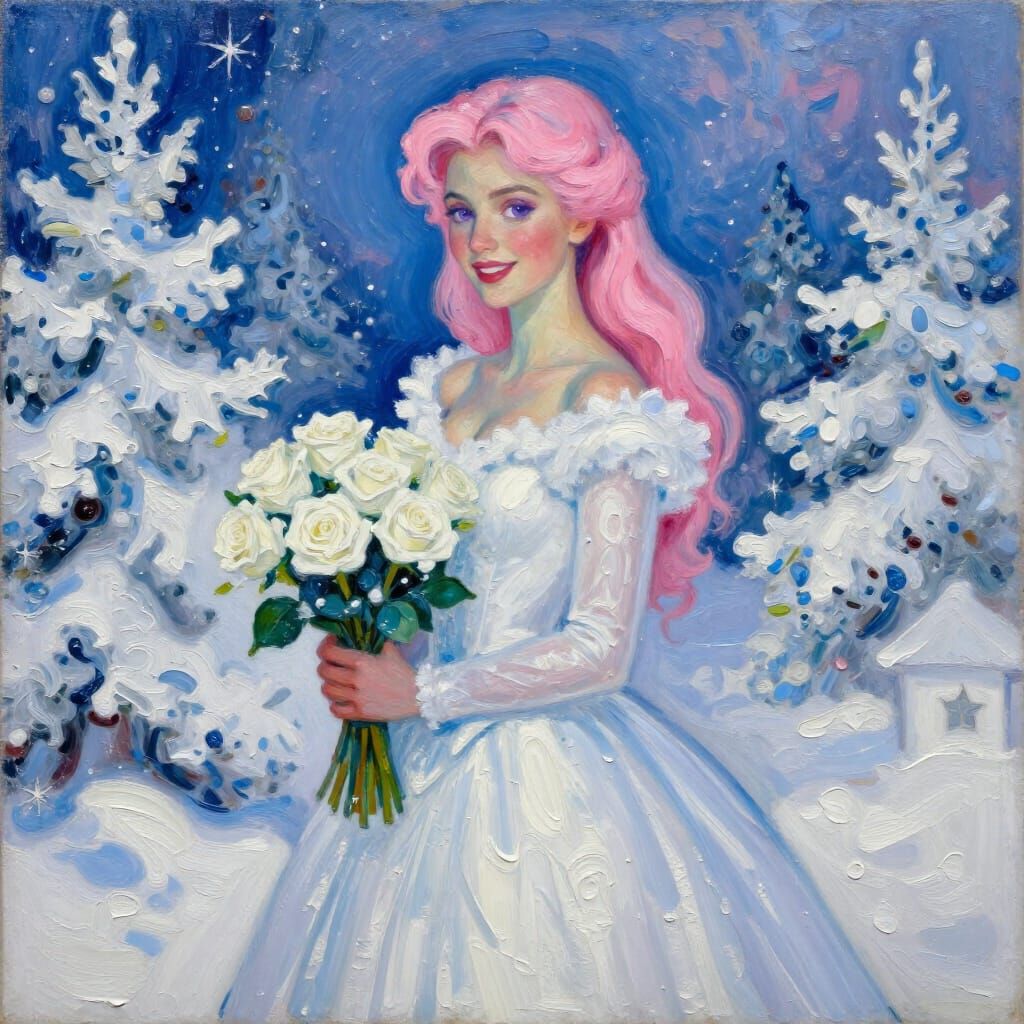 Pink Haired Woman in Winter Wonderland Dress with Roses
