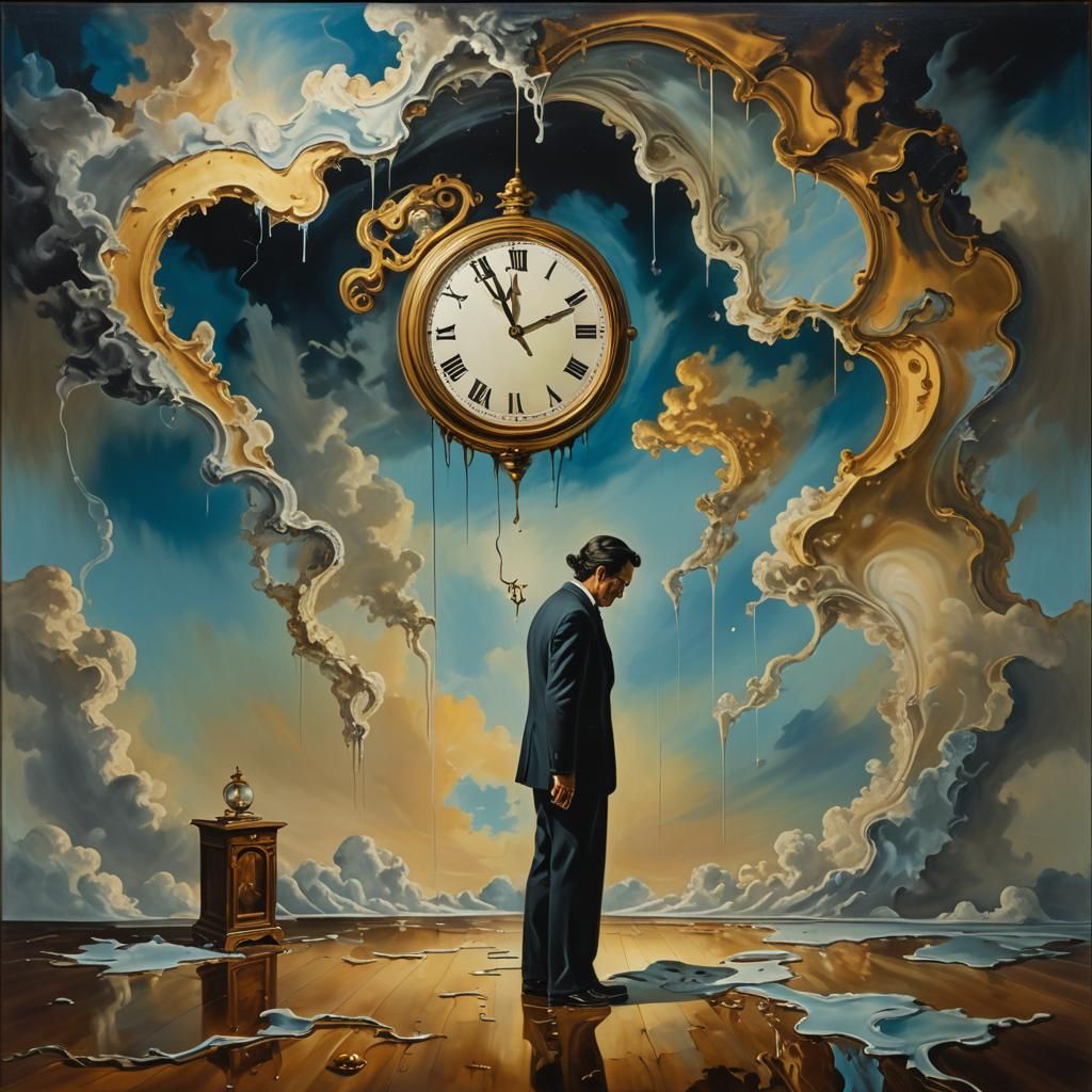 Surrealist Melting Clock in Dimly Lit Room