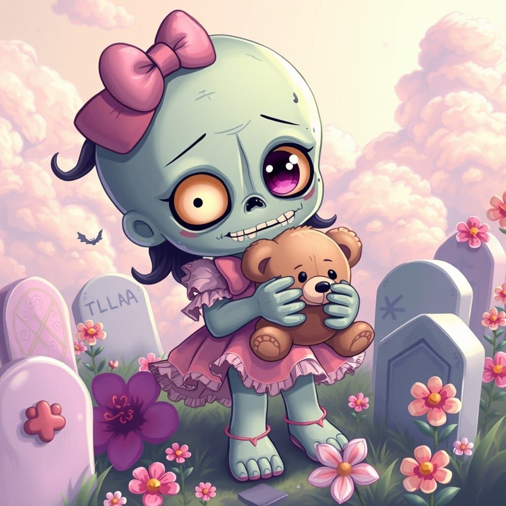 Cute Zombie Girl in Pastel Graveyard, Digital Painting
