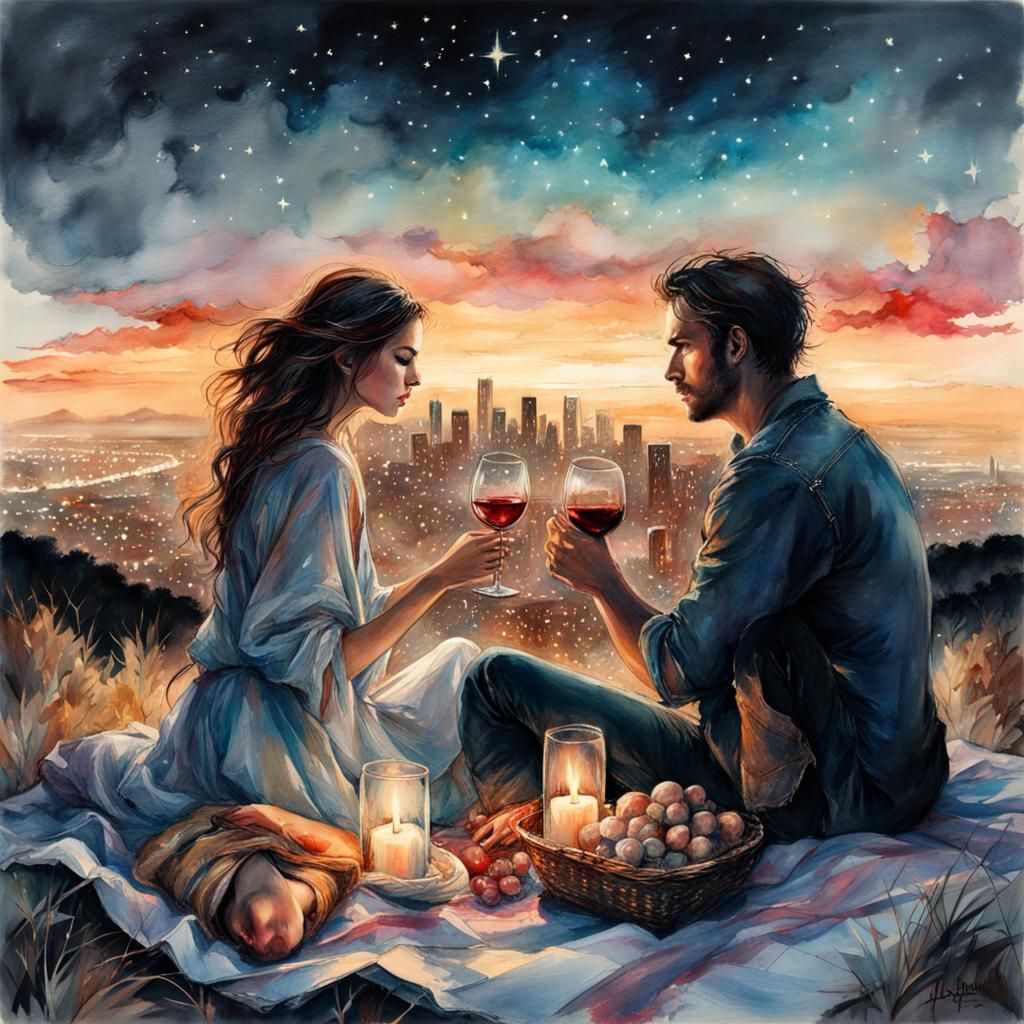 Romantic Candlelit Picnic Overlooking Los Angeles, Watercolo...