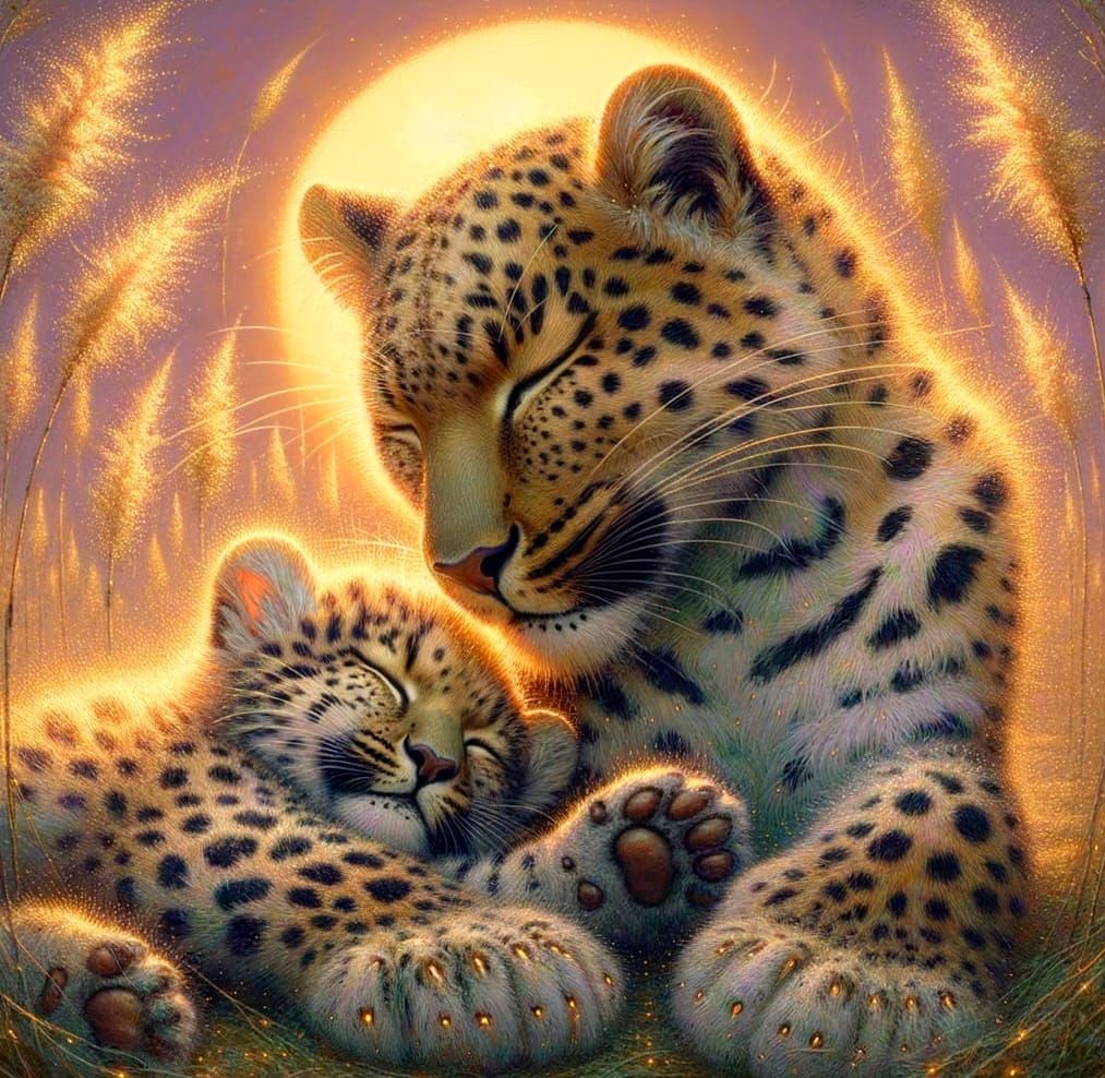 Leopard Mother and Cub in Romantic Golden Light