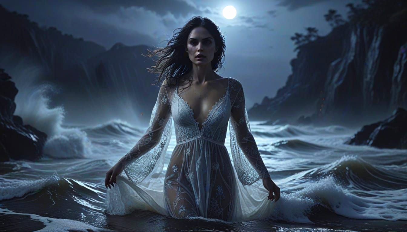Vampire Woman Emerges from Waves in Sinister Style