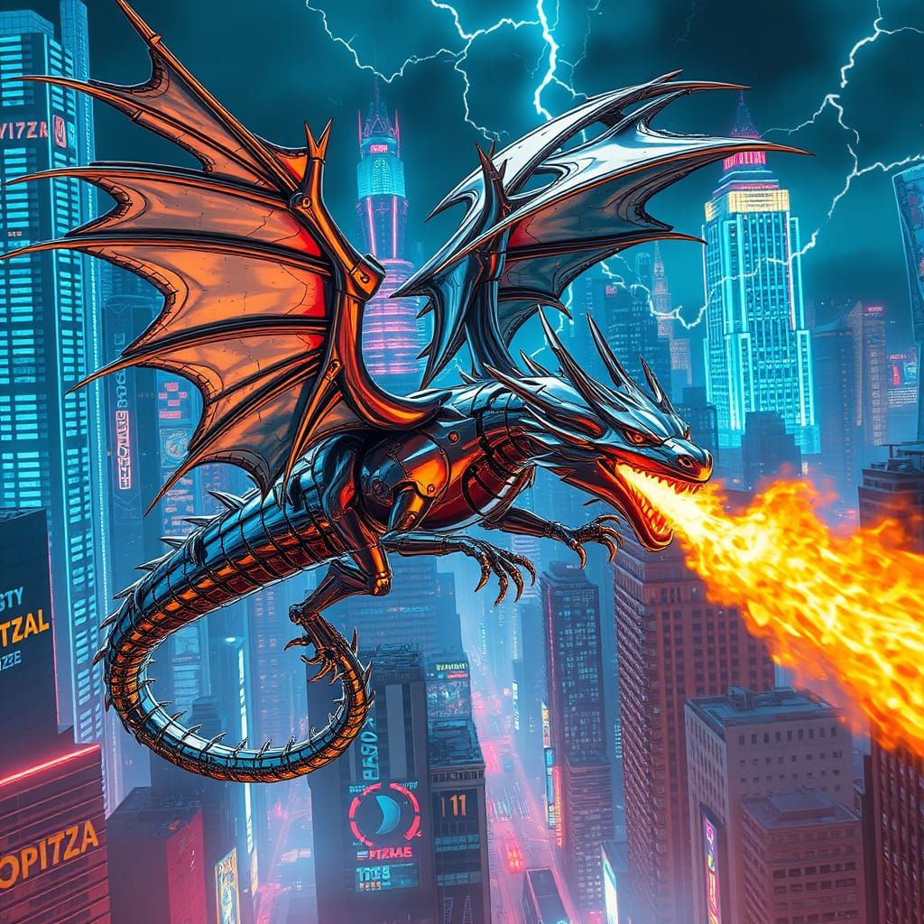 Chrome Dragon Soars Through Pizza Box Cityscape
