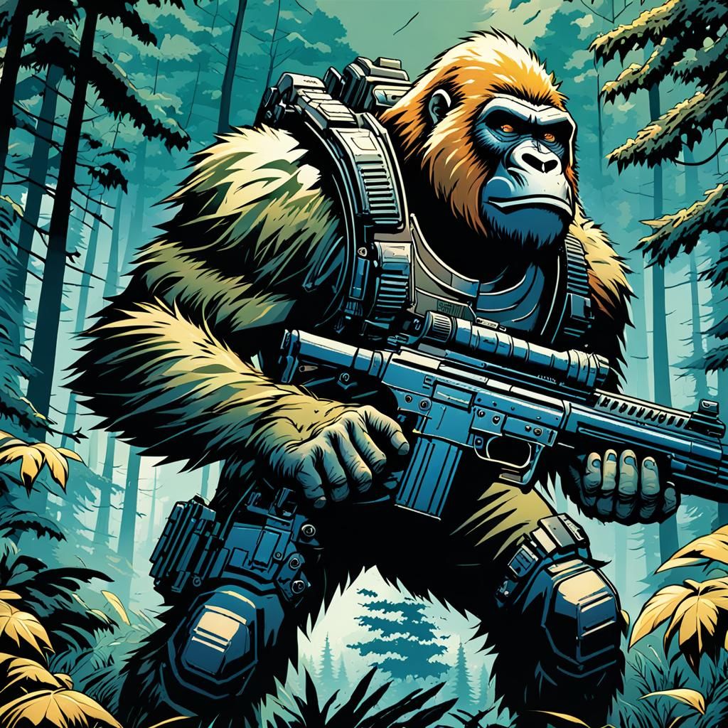 Comic Book Soldier Gorilla Duo in Tactical Gear under Golden...