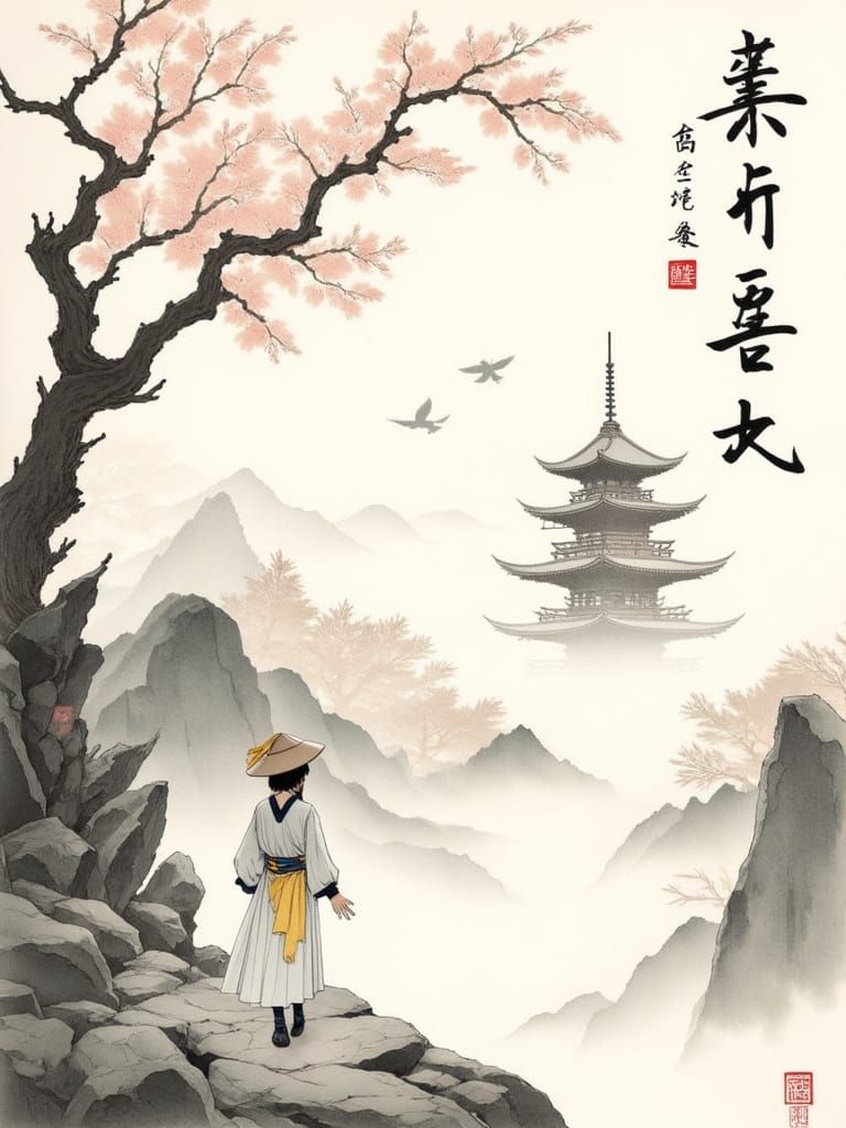 Traditional Japanese Watercolor Landscape with Pagoda and Se...