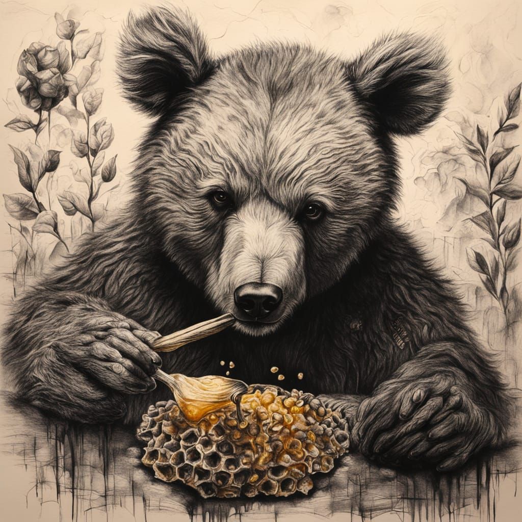Teddy Bear Devours Honey in Warm Charcoal Drawing