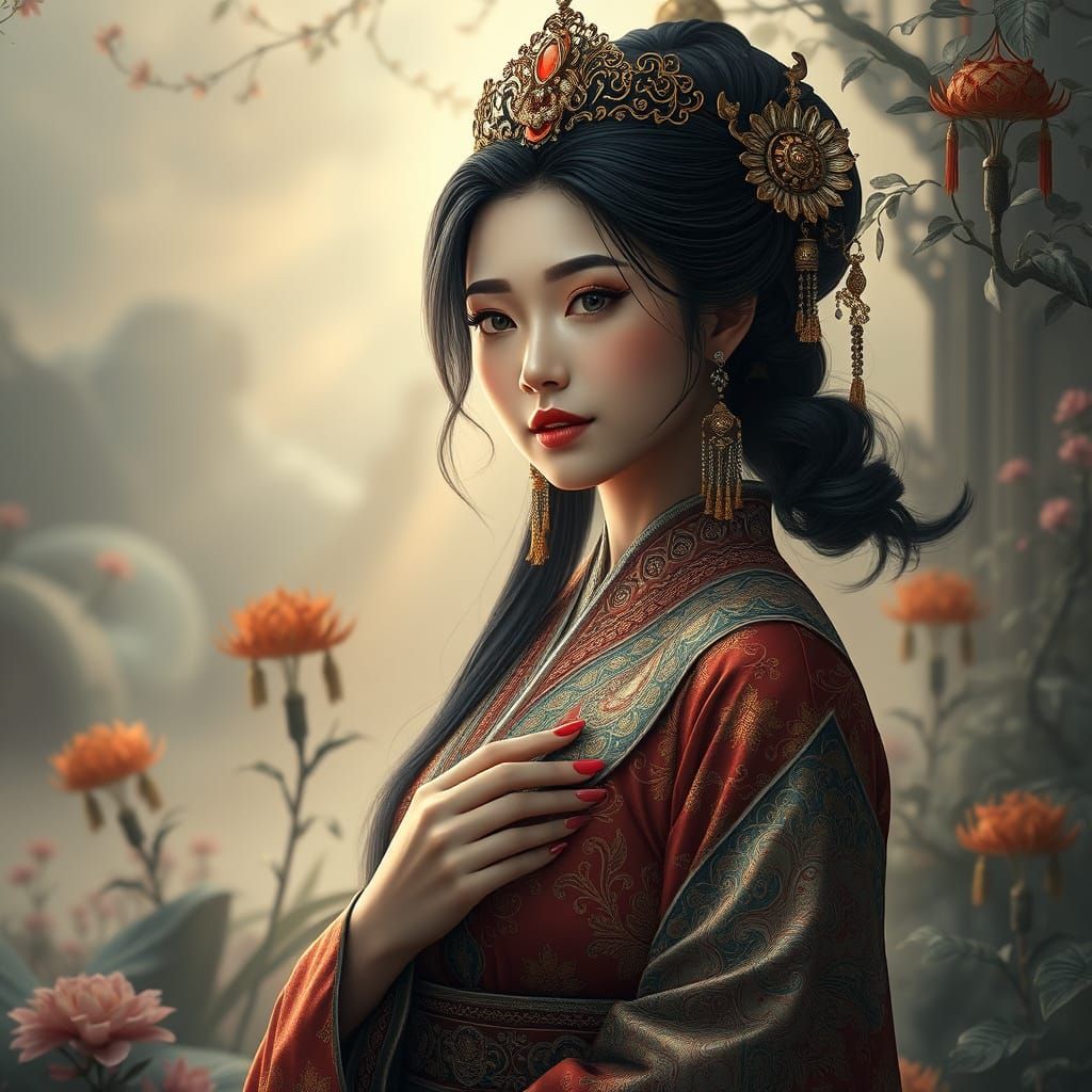 Elegant Asian Woman in Enchanted Garden