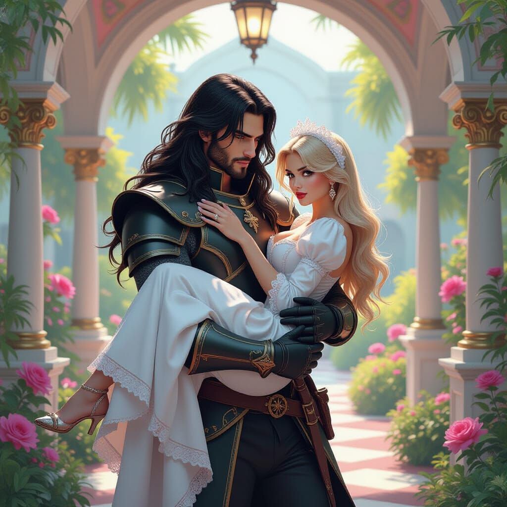 Knight and Maid in Opulent Geometric Garden