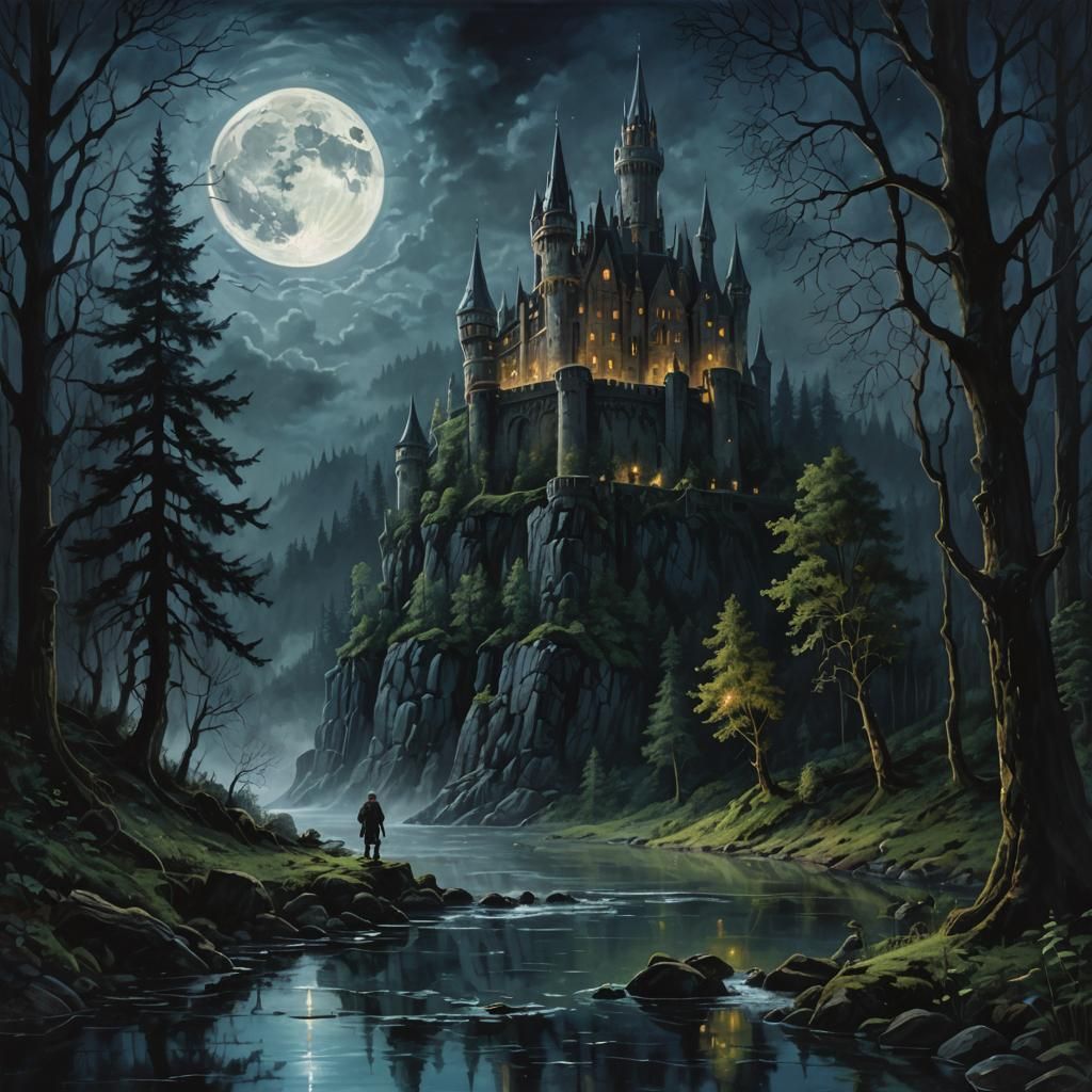 Epic Castle in Moonlit Forest: Fantasy Dark Art
