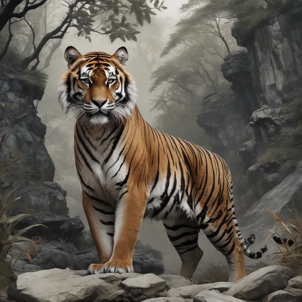 Tiger in Ink Wash Style on White Background