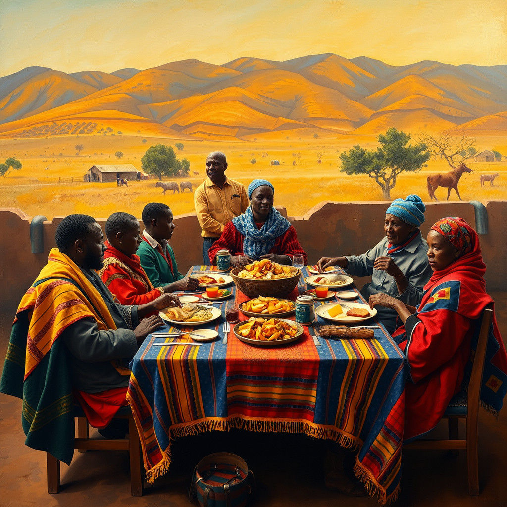 Basotho Family Dinner in Folk Art Style