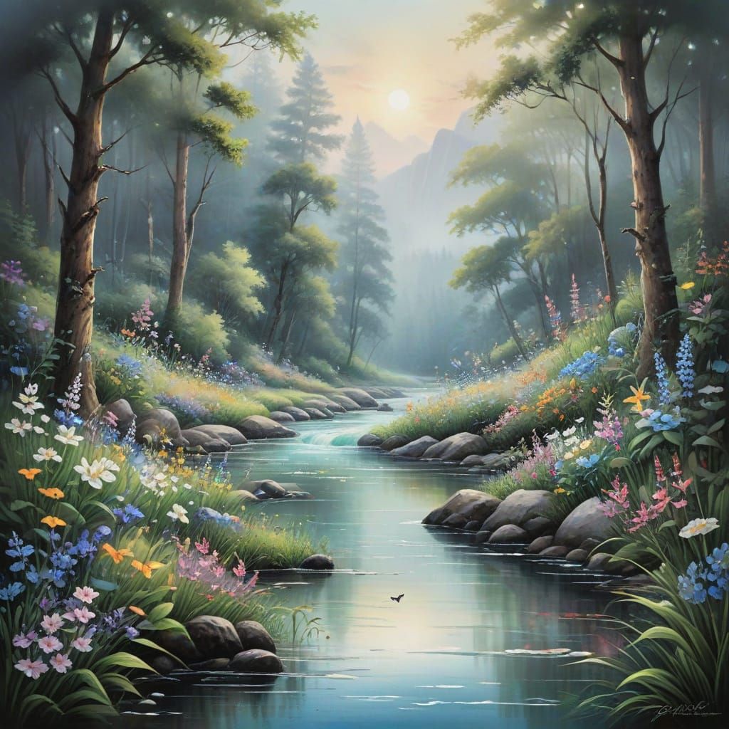 Ethereal Mountain River Painting with Wildflowers and Butter...