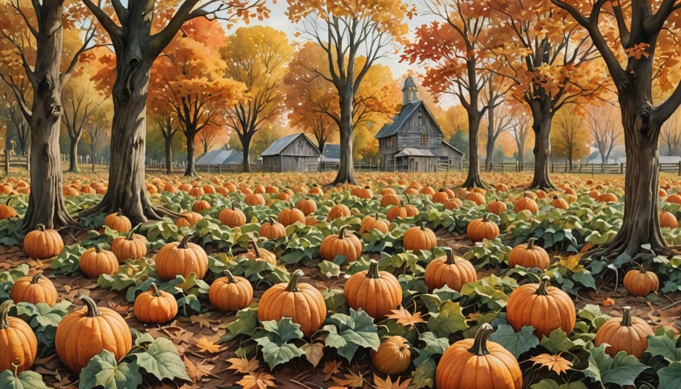 Autumn Pumpkin Patch in Watercolor Style