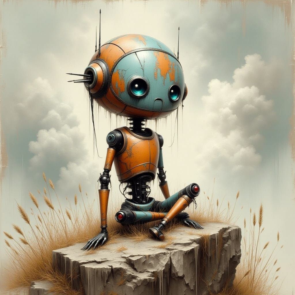 Weathered Robot on Rock: Jamie Hewlett Style