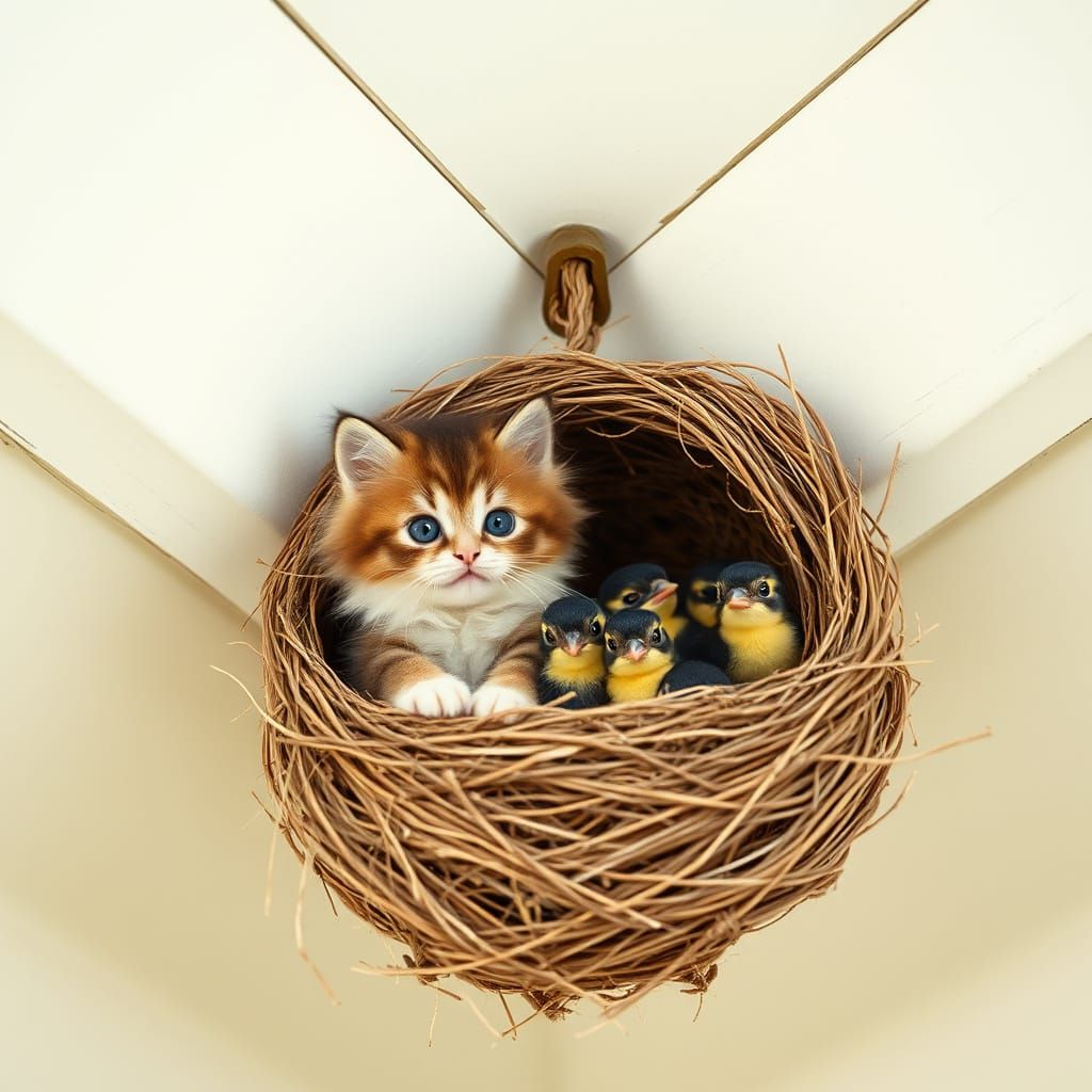 Kitten and Chicks Share Bird's Nest in Surreal Family Scene