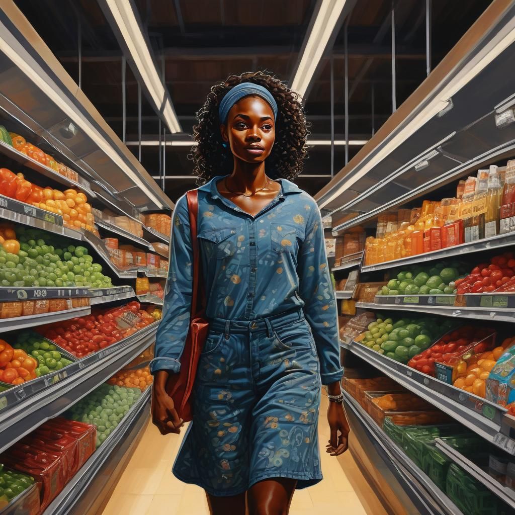 Melanin Woman Shopping in Gouache Style