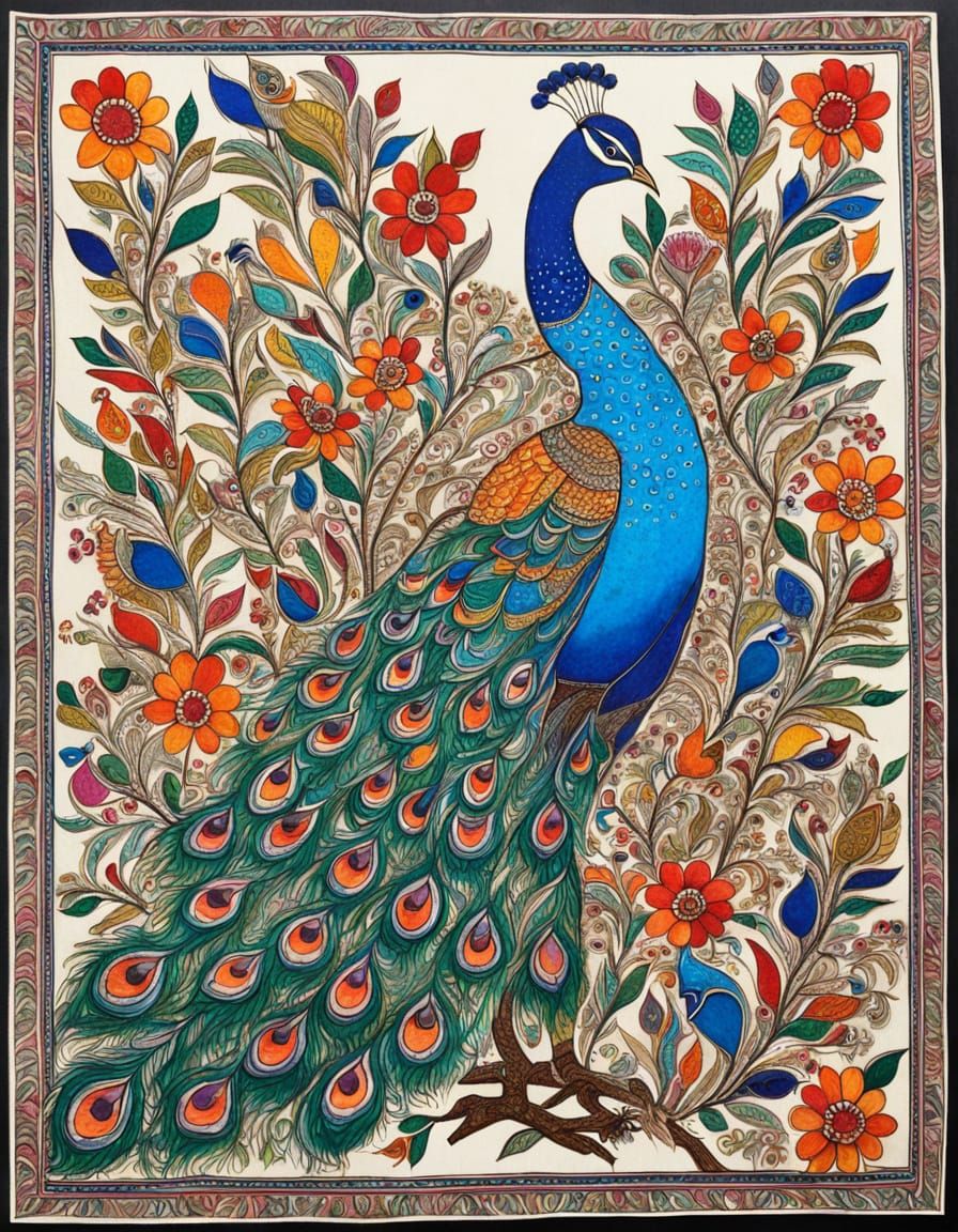 Vibrant Madhubani Peacock Amidst Colorful Flowers