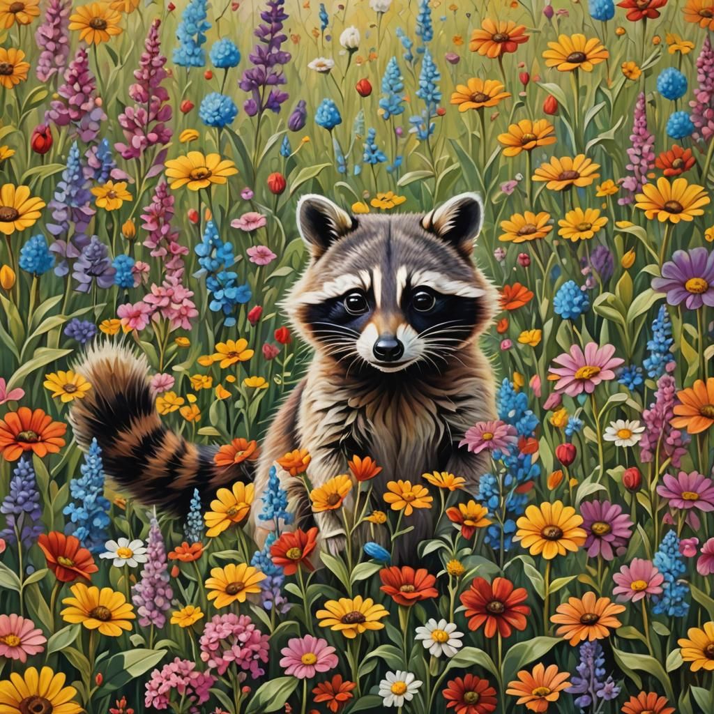 Surreal Raccoon in Flower Field, Dali Style