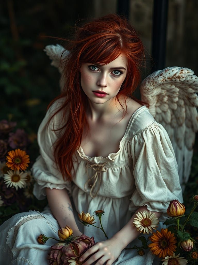 Romantic Fallen Angel Amidst Decaying Blooms