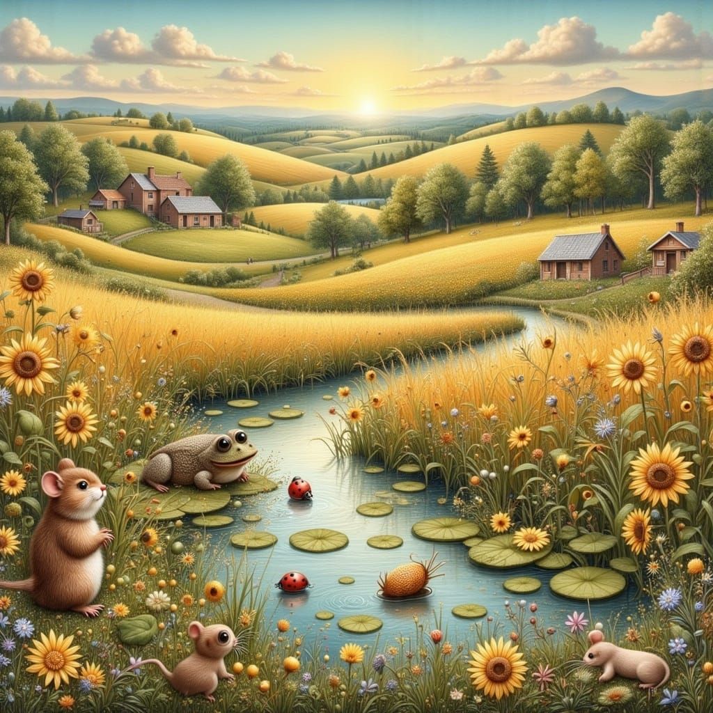 Frog, Ladybug, and Mouse in Rural Pond