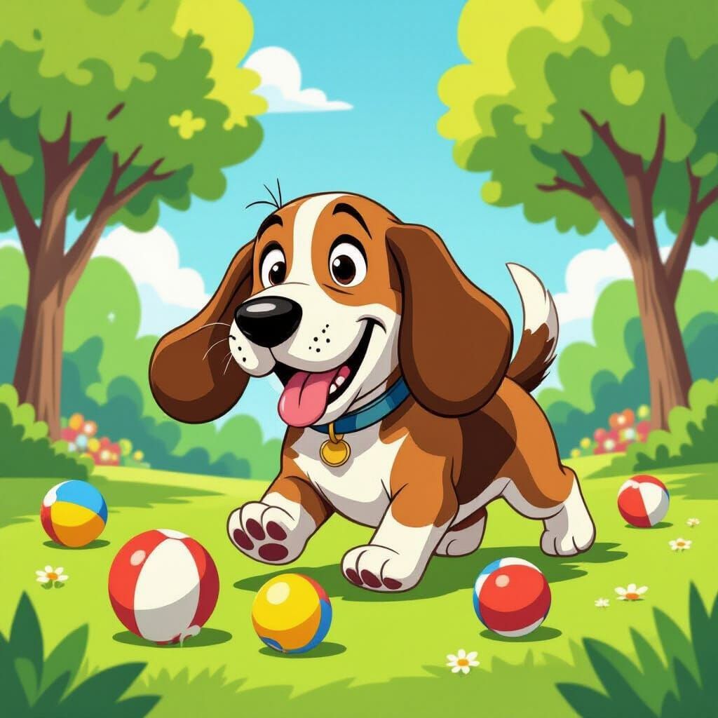 Cartoon Basset Hound Chasing Bouncing Balls in Park