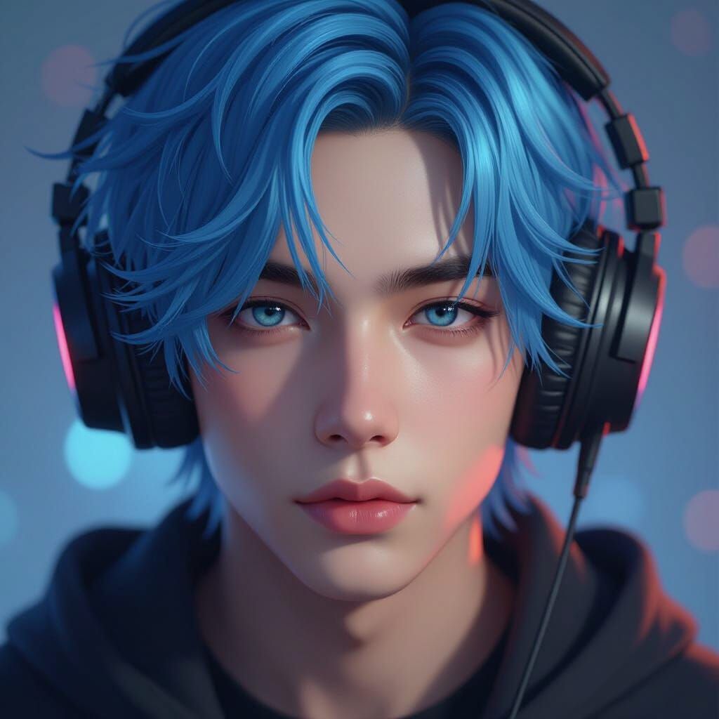 Felix from Stray Kids with Blue Hair and Headphones
