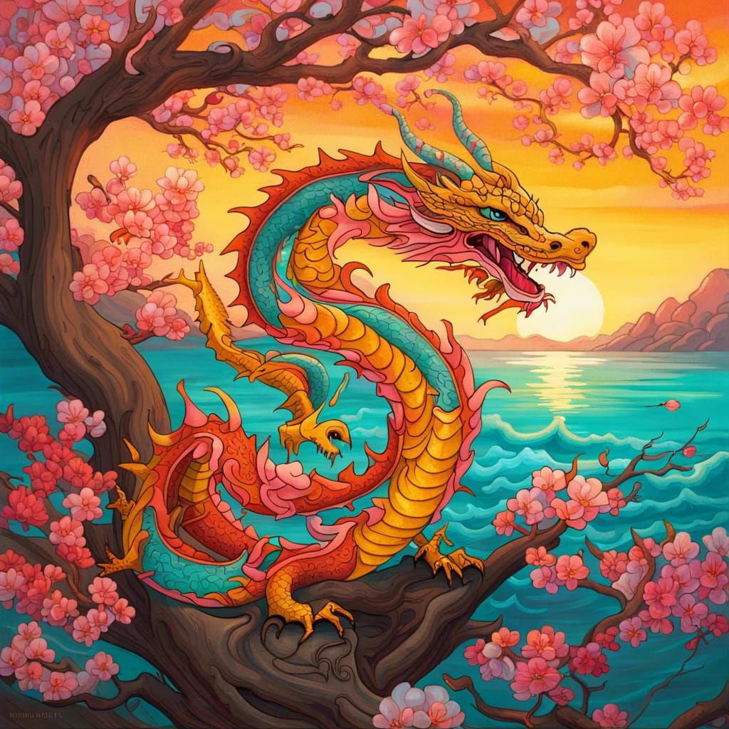 Gothic Dragon and Cherry Tree Gouache Painting