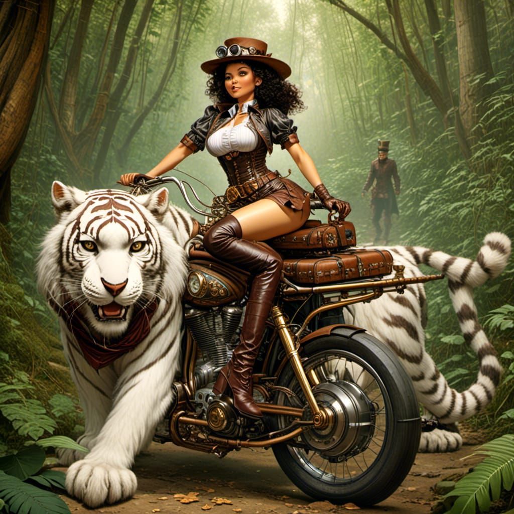Steampunk Woman Rides Bike with Tiger