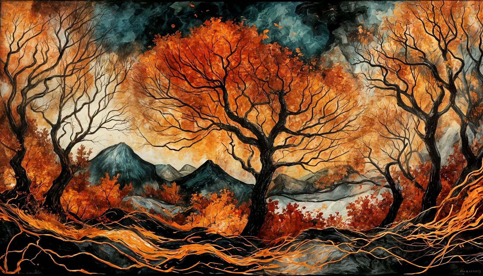 Autumn Woman with Fiery Hair and Swirling Foliage