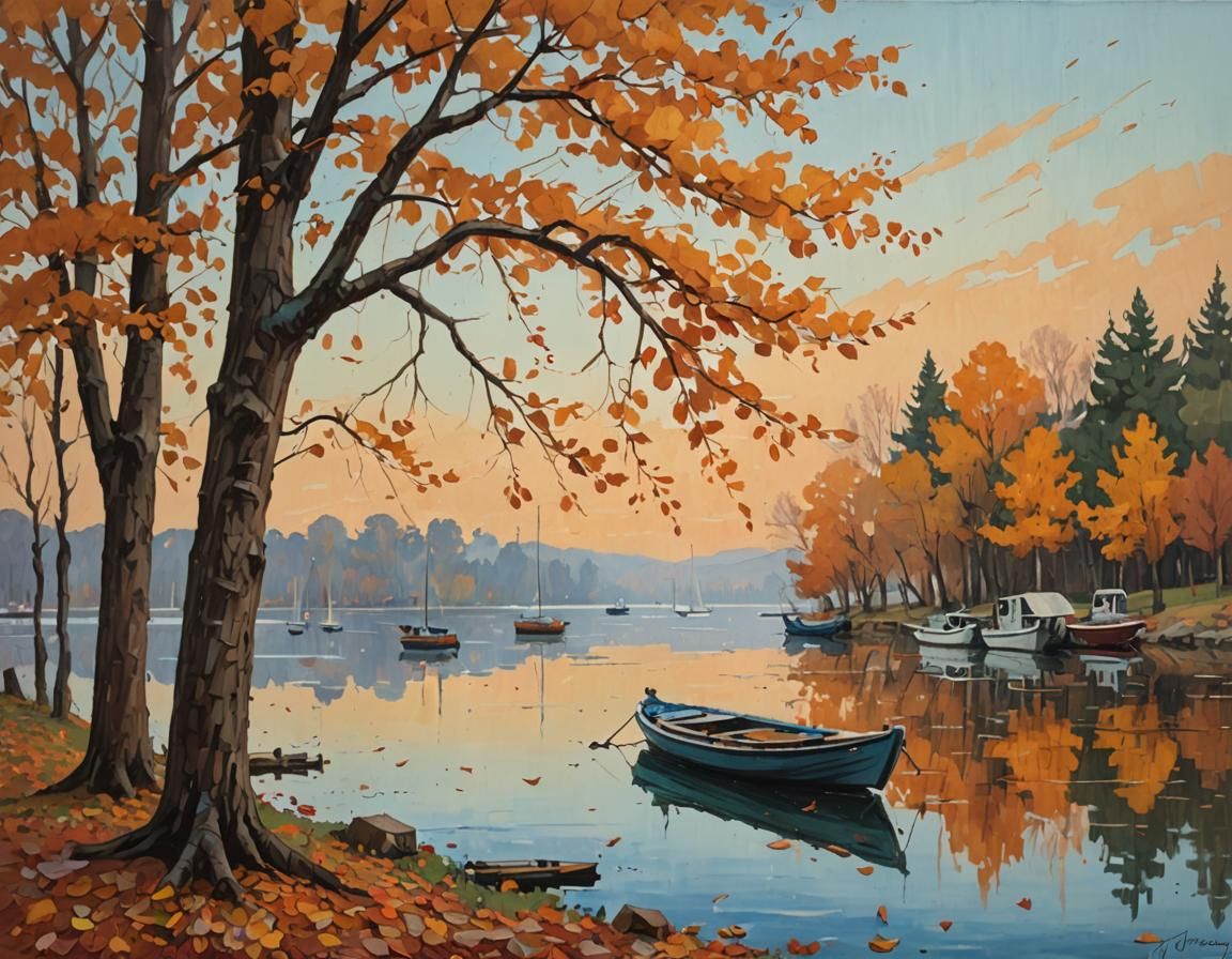 Autumnal Impressionism: Trees Shedding Leaves by Lakeside
