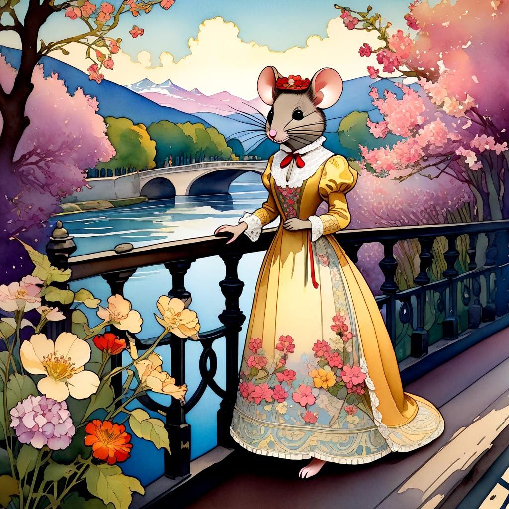 Anthropomorphic Mouse on Seine Bridge, Watercolor Dreamscape
