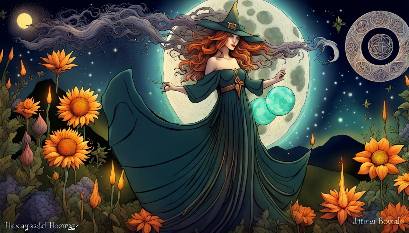 Sorceress Casting Spell Under Gibbous Moon