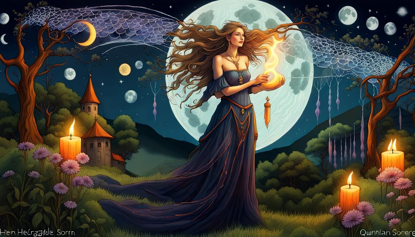 Sorceress Casting Spell Under Gibbous Moon