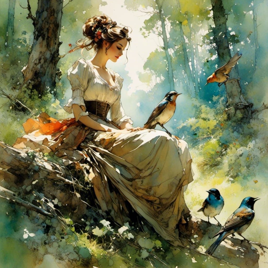 Whimsical Maid Sings with Birds in a Forest Scene