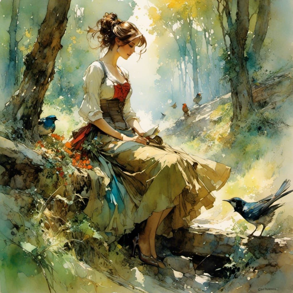 Girl in Forest with Songbirds, Stylized Watercolor Art