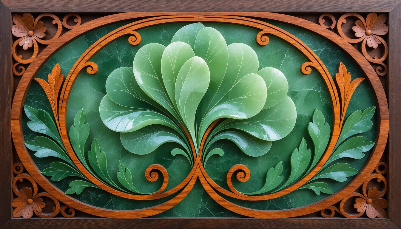 Biophilic Art Nouveau Relief in Jade, Copper, Wood