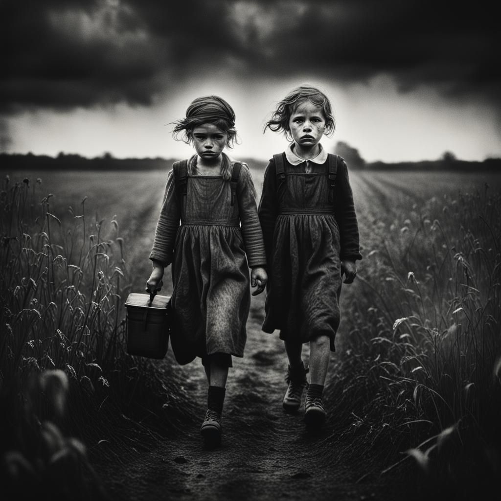 Charcoal black and white drawing of depression era children ...