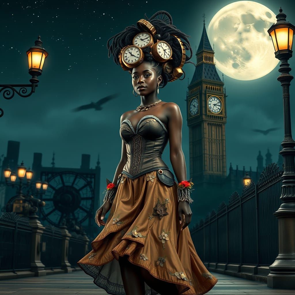 Steampunk Woman Walks Through London at Night
