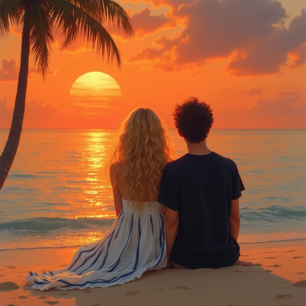 Beach Sunset with Couple in Impressionistic Style