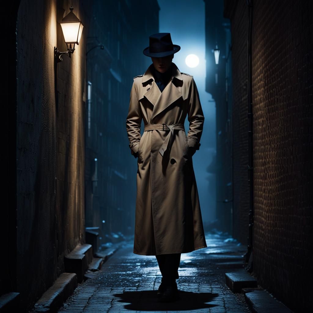 A trench coat, whispers of midnight fabric,Footsteps echo, a clandestine magic.