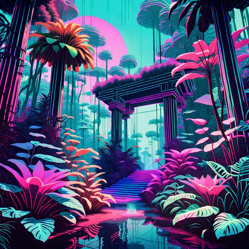A mesmerizing vaporwave-isecret jungle flower garden, bathed in soft neon hues.
