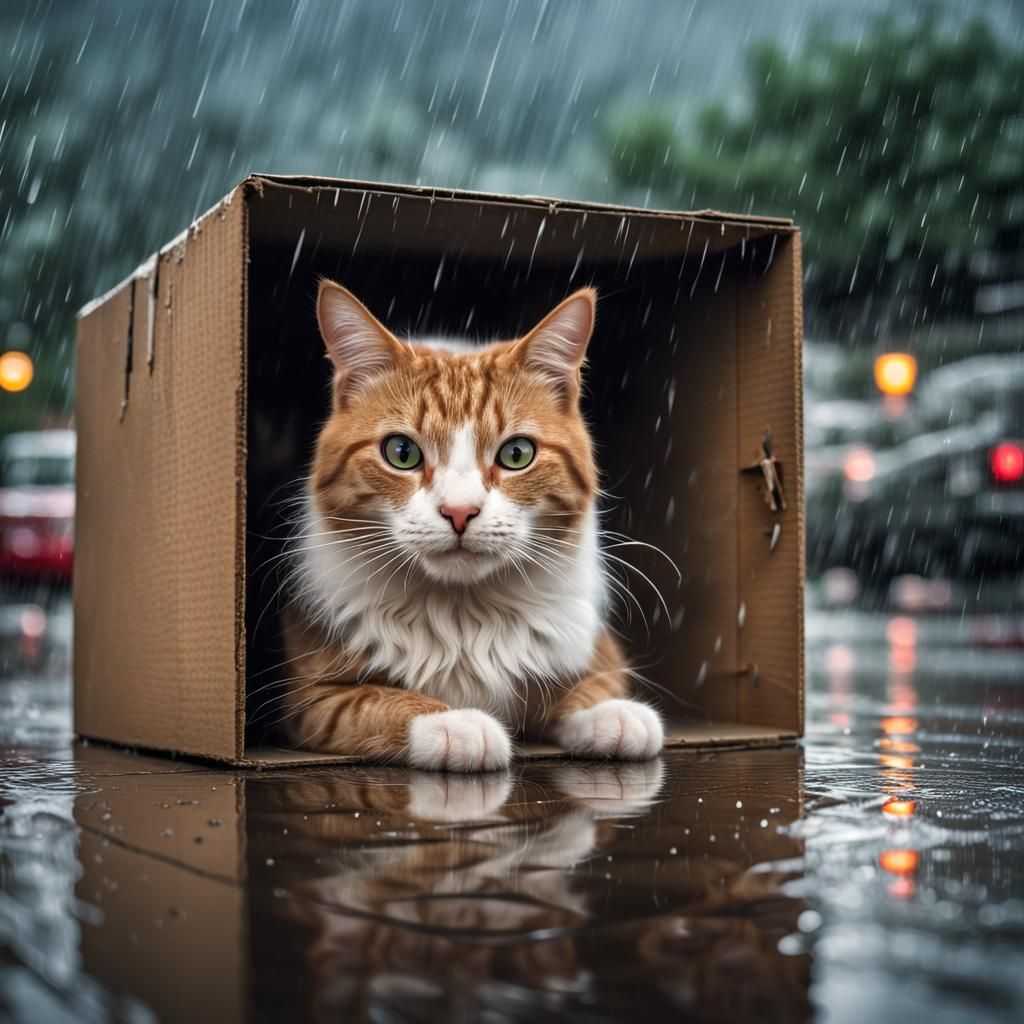 Cat Sheltering from Rain: Hyperrealistic Image
