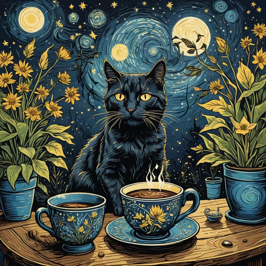 Cat with Coffee in Van Gogh Linocut Style