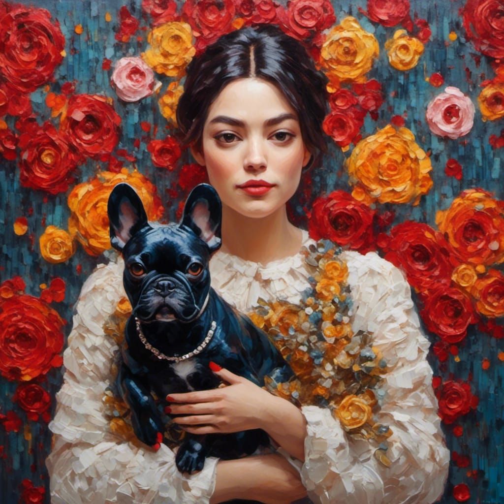 Woman and French Bulldog in Neo-Impressionist Style