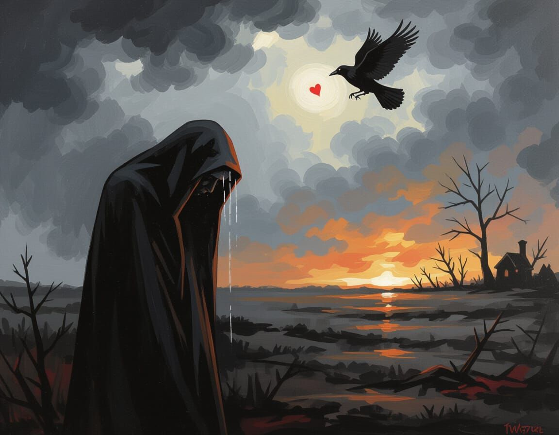 Expressionistic Art of Sorrowful Figure and Dying Love