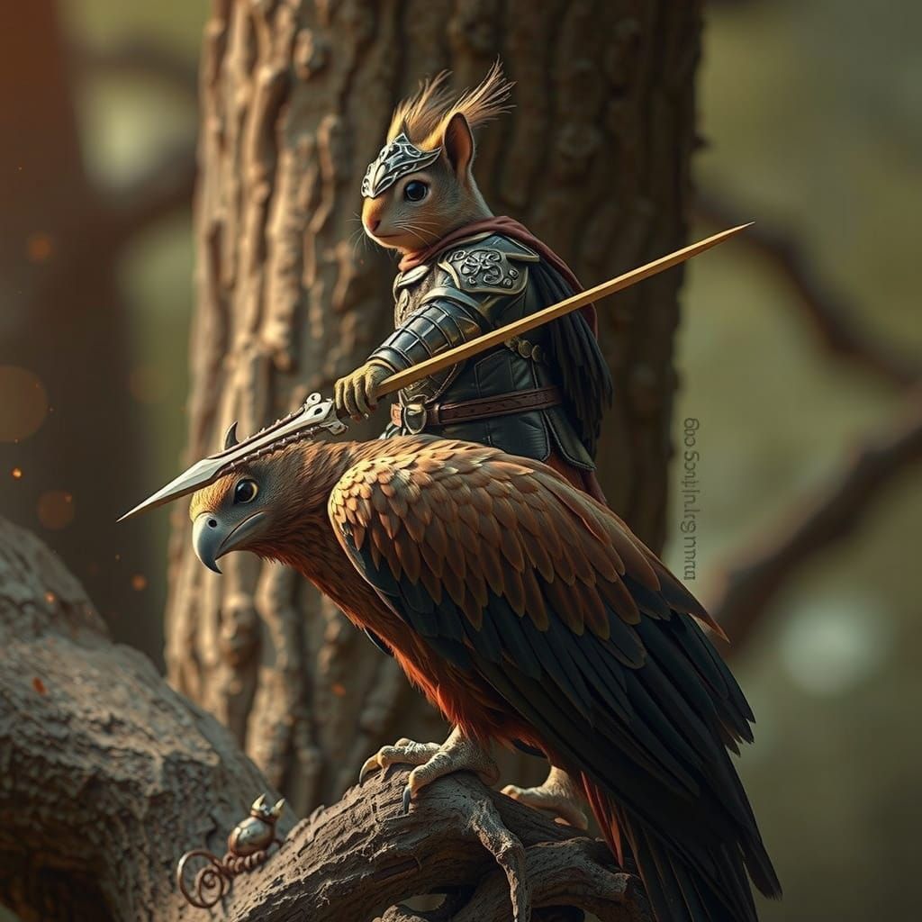 Whimsical Squirrel Knight in Ancient Woodland Scene