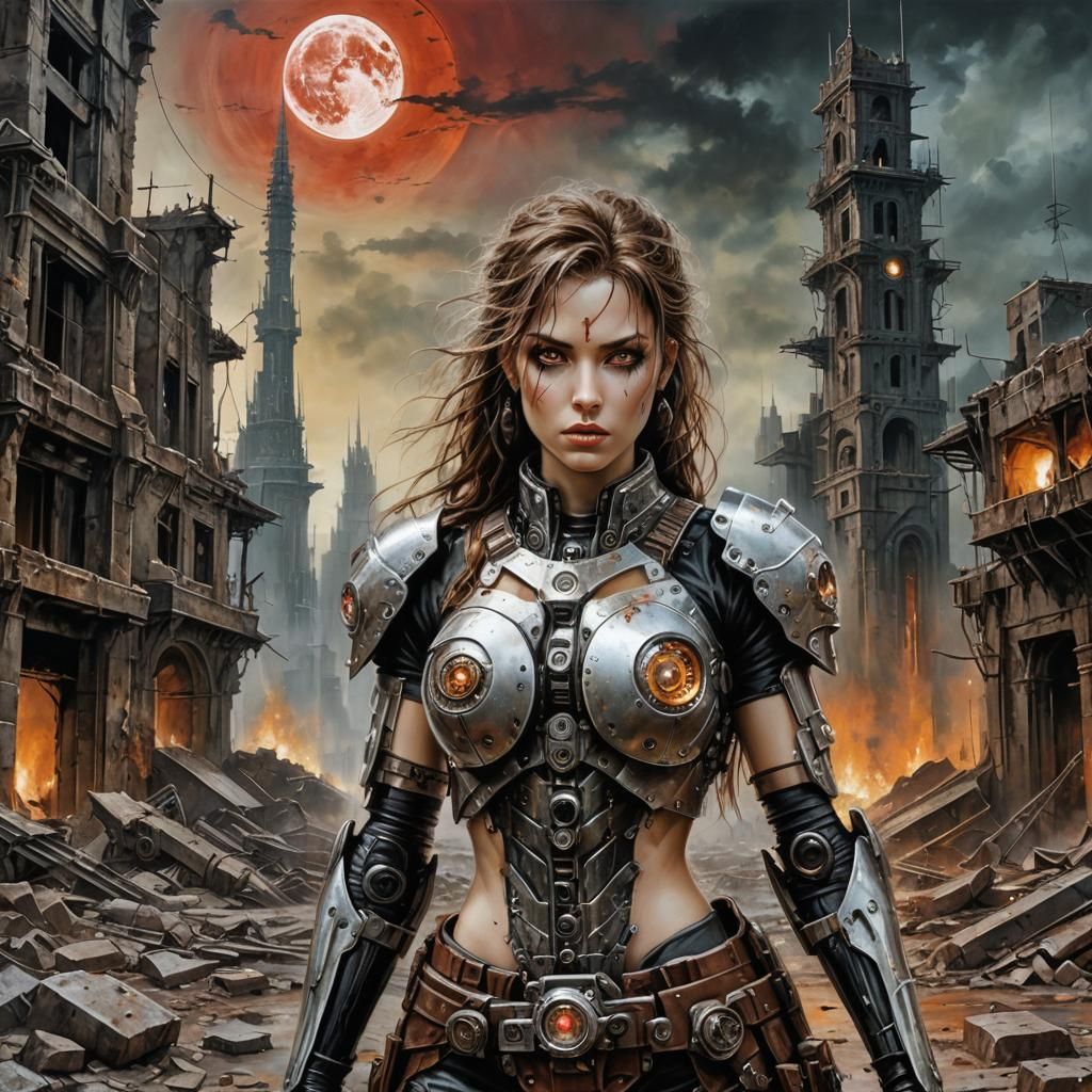 Female Cyborg Exploring Ruins as Acrylic Painting