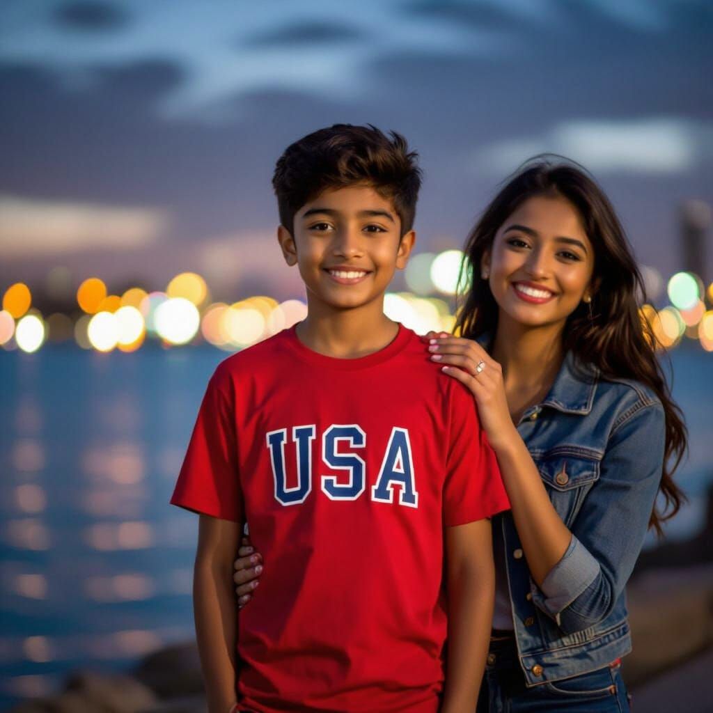 Young South Asian Siblings in City Bokeh
